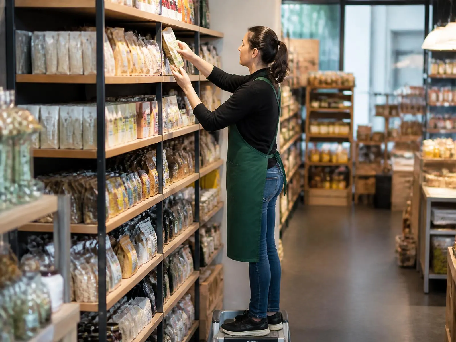 Mitarbeiterin sortiert Ware in den Regalen einer Verkaufsfläche