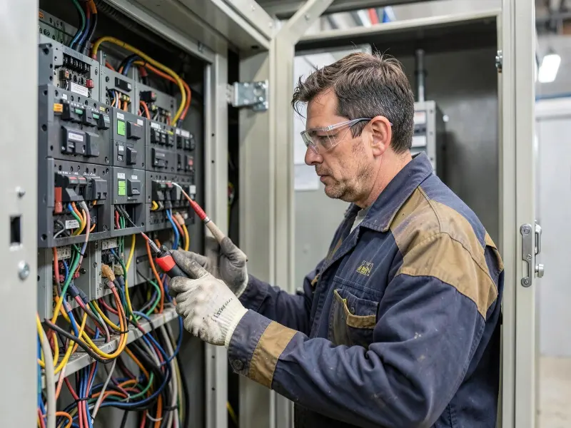 Elektrofachkraft prüft die Spannungsfreiheit an einem geöffneten Verteilerschrank