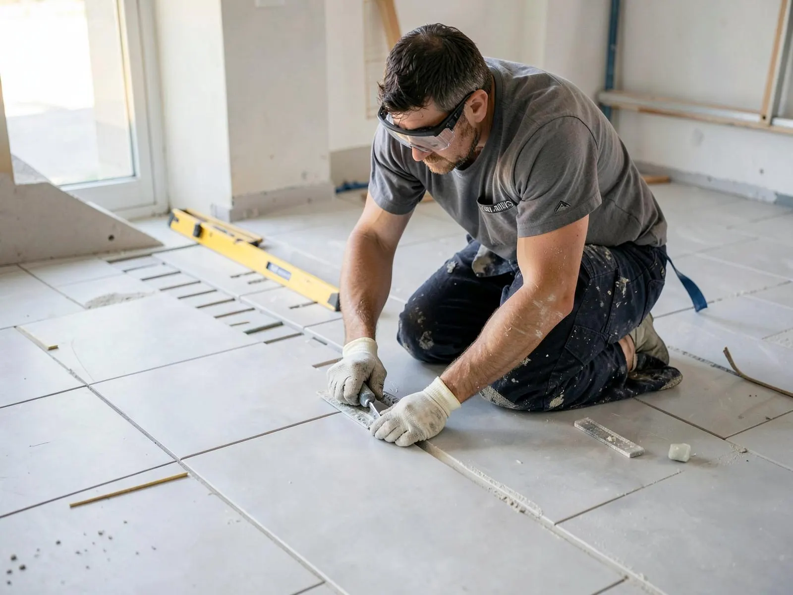 Fliesenleger arbeitet kniend am Boden und verlegt großformatige Fliesen