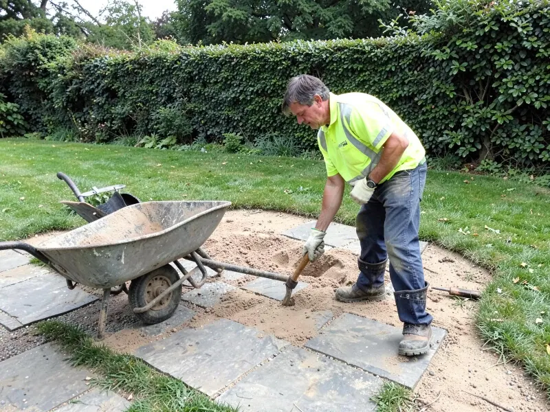 Landschaftsgärtner richtet ein Sandbett für Natursteinplatten im Garten ein