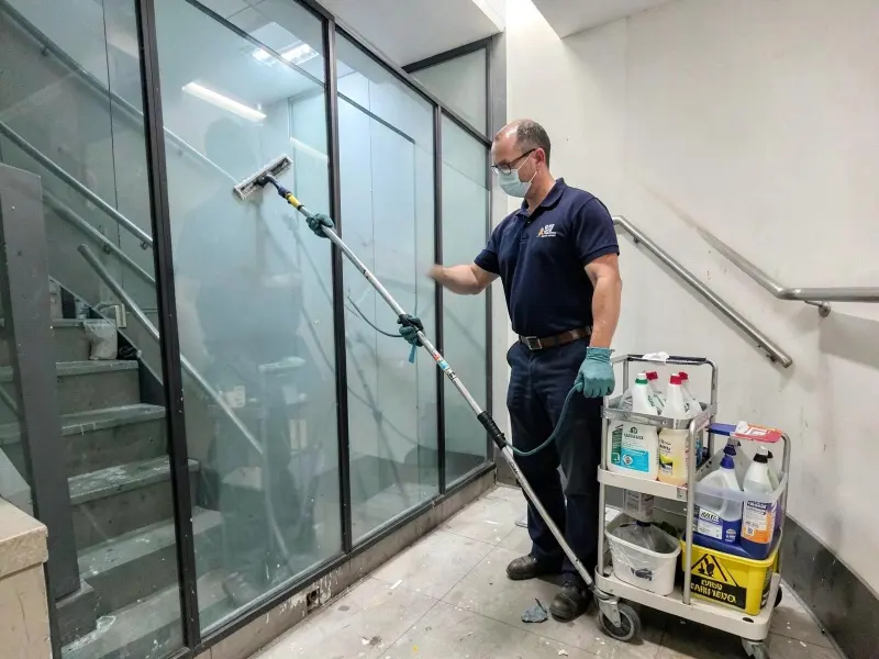 Gebäudereiniger reinigt eine Glaswand im Treppenhaus mit Teleskopwischer