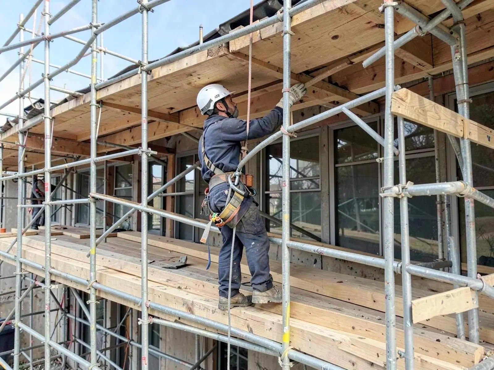 Gerüstbauer baut ein Fassadengerüst mit Belag und Seitenschutz auf