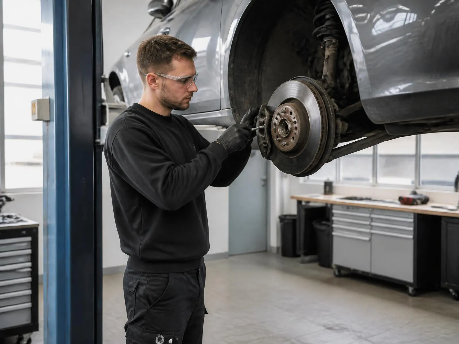 Radsätze im Reifenregal einer Kfz-Werkstatt
