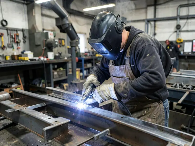 Metallbauer schweißt einen Stahlrahmen mit Schweißschirm und Lederschürze