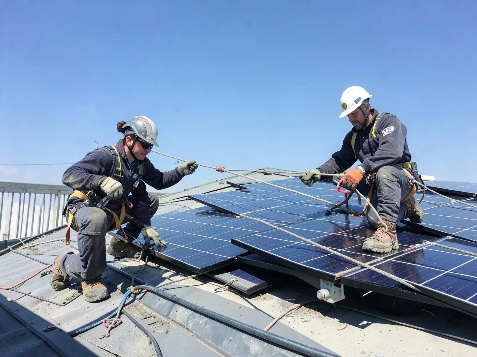 Monteure befestigen Photovoltaikmodule auf einer Unterkonstruktion am Dach