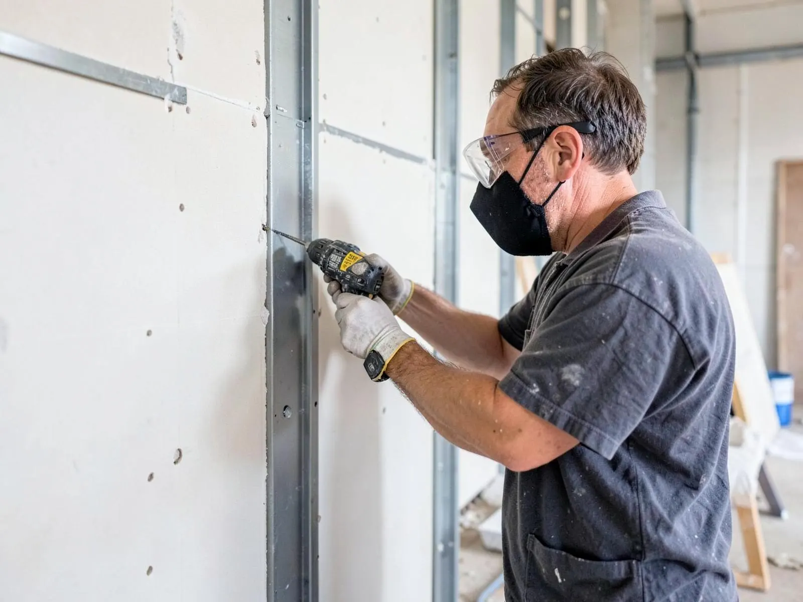 Trockenbauer schraubt Gipskartonplatten auf ein Metallständerwerk