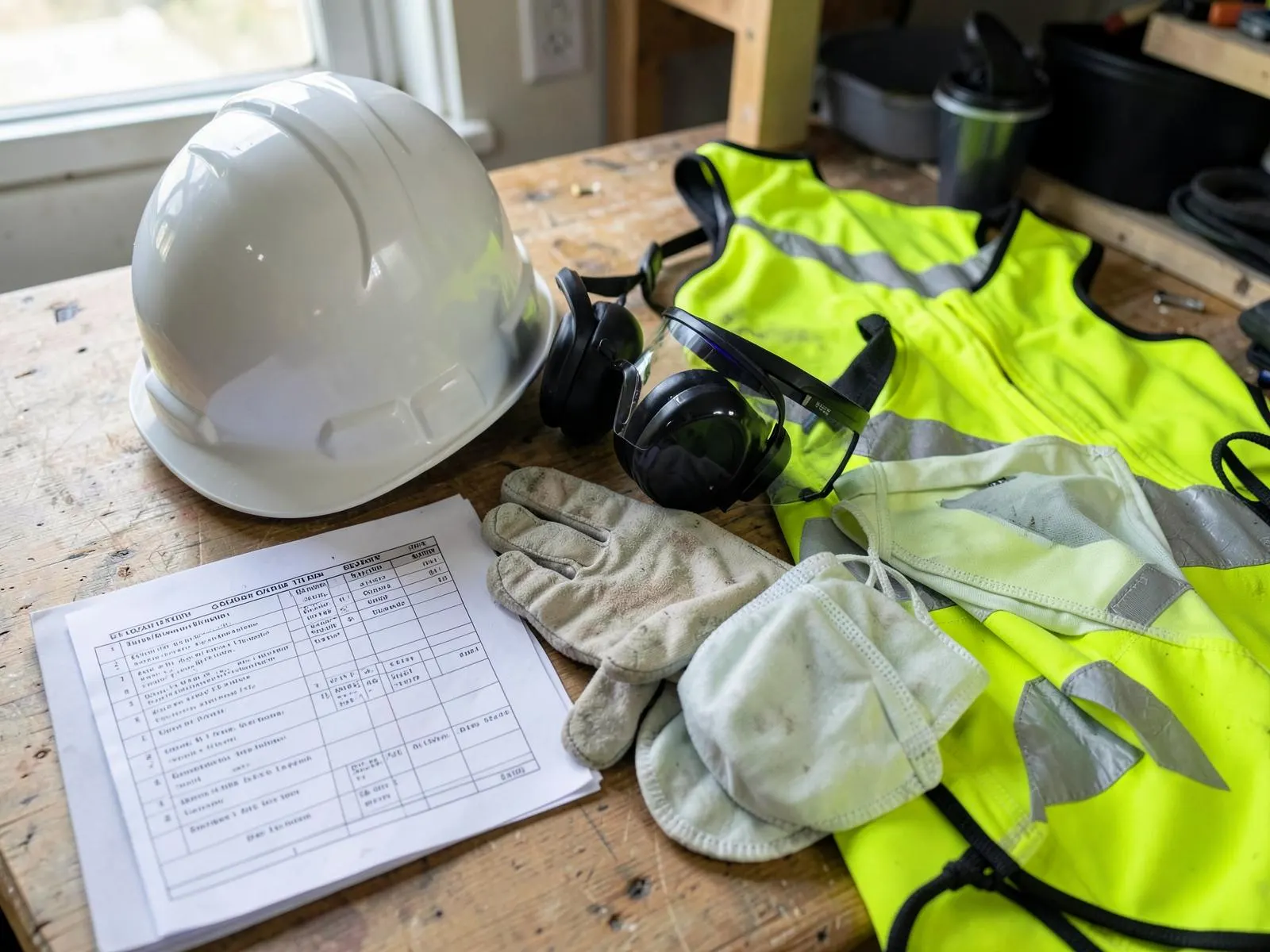 Helm, Schutzbrille, Gehörschutz, Handschuhe und Warnweste neben einer ausgedruckten Checkliste