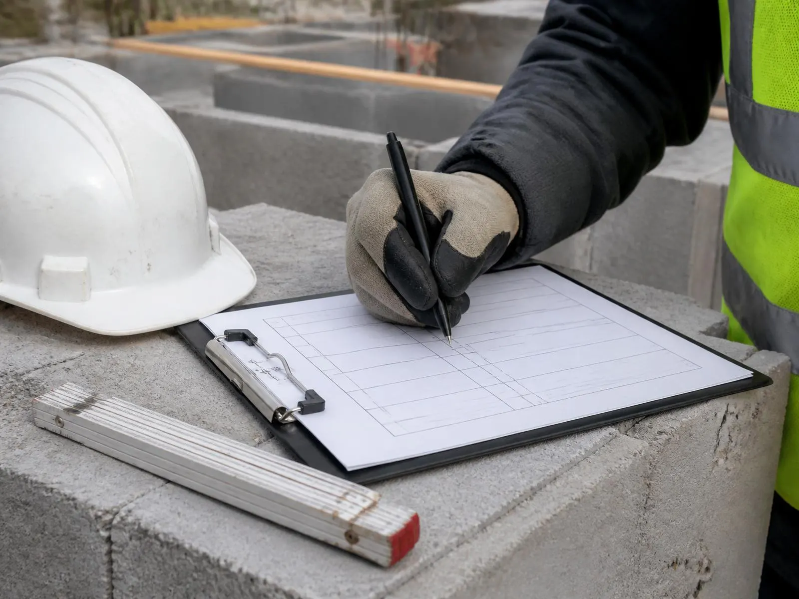 Bauhelfer trägt auf der Baustelle Werte in ein Formular auf dem Klemmbrett ein