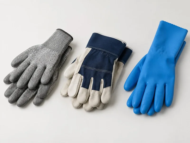 Schnittschutzhandschuhe, Montagehandschuhe und Nitril-Chemikalienschutzhandschuh, Symbolbild