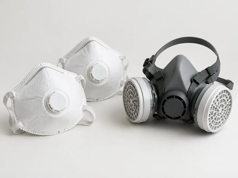 zwei weiße FFP-Masken mit Ventil und eine Halbmaske mit Filtern, Symbolbild