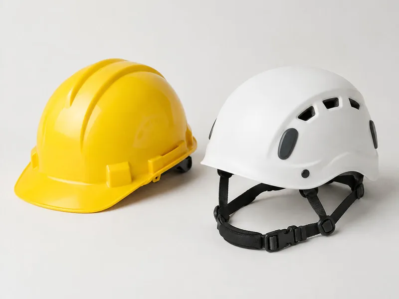 gelber Industrieschutzhelm und weißer Kletterhelm mit Kinnriemen, Symbolbild