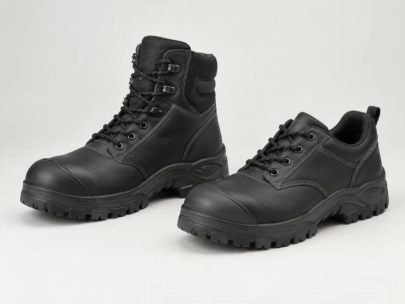 schwarzer Sicherheitsstiefel und Sicherheitshalbschuh mit Profilsohle, Symbolbild