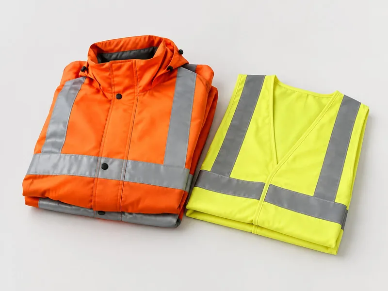 gefaltete orange Warnjacke mit Reflexstreifen und gelbe Warnweste, Symbolbild
