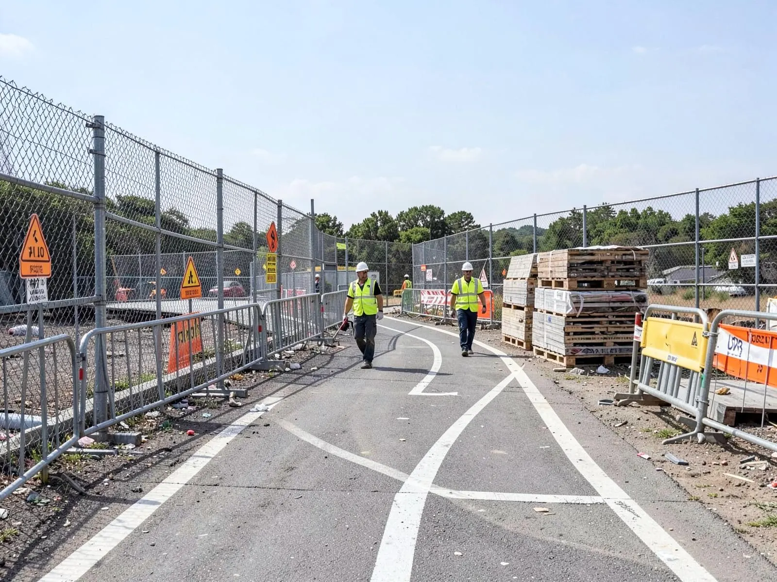 Abgesperrte Baustelle mit Bauzaun, Warnschildern und gekennzeichnetem Weg