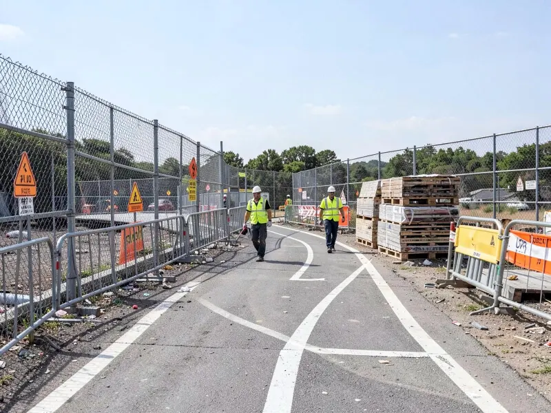 Abgesperrte Baustelle im Straßenraum mit Bauzaun und Warnschildern