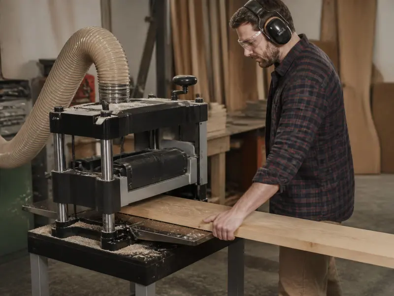 Holzbearbeitungsmaschine mit Absaugung, Bediener mit Schutzausrüstung